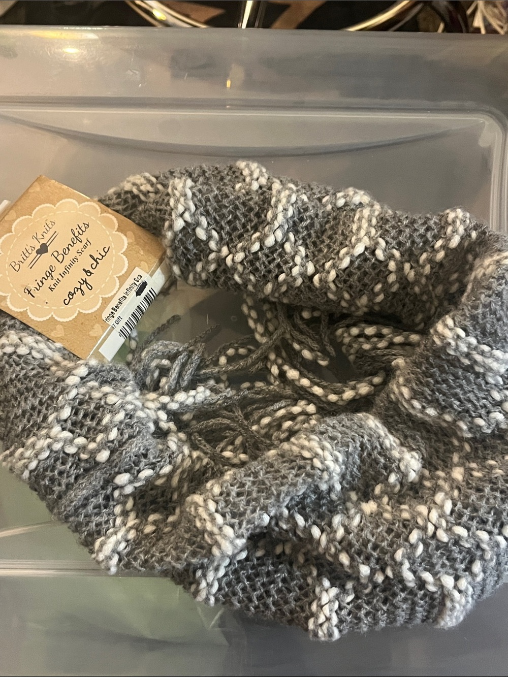 Britt’s Knits Gray & White Knit Fringe Infinity Scarf S77